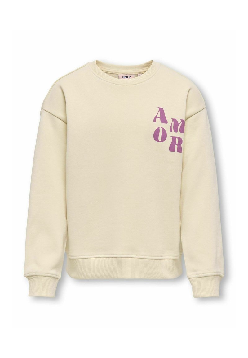 Felpa color crema realizzata in misto cotone, con una vestibilità comoda, polsini a costine e la scritta "AMOR" stampata in viola sul lato sinistro del petto.