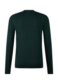 Ciemnozielony sweter z długim rękawem wykonany z miękkiego materiału, z okrągłym dekoltem, dopasowanymi mankietami oraz gładką, teksturowaną powierzchnią.