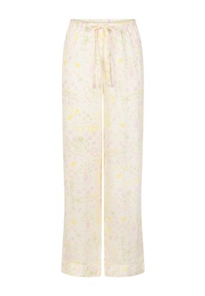 Pantalon de pyjama crème clair avec motifs floraux abstraits et mots en jaune pastel, rose et vert, avec une taille élastique et un cordon de serrage.