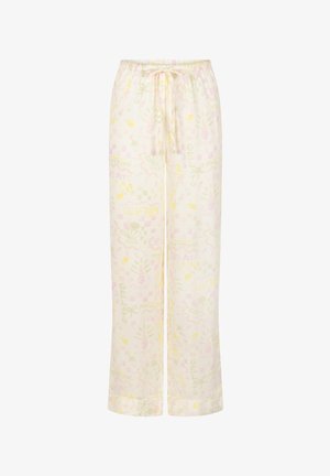 Pantalon de pyjama crème clair avec motifs floraux abstraits et mots en jaune pastel, rose et vert, avec une taille élastique et un cordon de serrage.