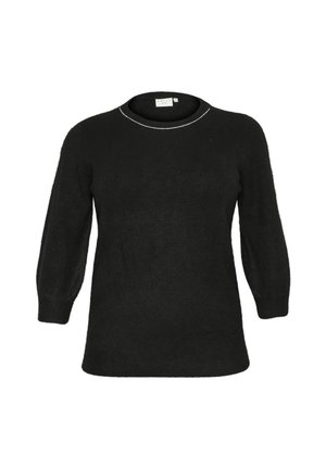 Črna pulover iz mehkega materiala z okroglim izrezom, rokavi do tri četrtine in diskretno dekorativno šivanje okoli vratu.