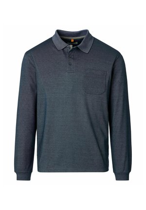 Langärmliges dunkelgraues Poloshirt mit Kragen, Dreiknopfleiste und Brusttasche auf weißem Hintergrund.
