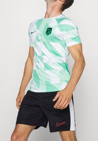 Mintgrön och vit grafisk sporttröja med ett abstrakt mönster, med en svart Nike-logga och en distinkt lagemblem. Svarta shorts.