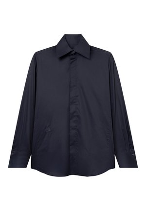 Zwart overhemd met lange mouwen, knoopsluiting en puntkraag met verborgen knopen, afgebeeld op een witte achtergrond.