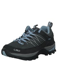 Black and gray hiking shoes with light blue accents, textured material, and a sturdy rubber sole featuring distinct tread patterns.