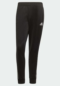 Pantalon de survêtement Adidas noir avec taille élastique, jambes fuselées, poignets côtelés, et logo blanc ainsi que des bandes blanches sur les côtés.