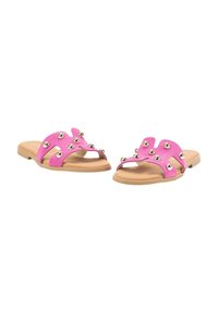 Chanclas de ante rosa con diseño recortado, embellishments en tono dorado y suela beige. Estilo plano y abierto en la parte delantera, ideal para uso casual.