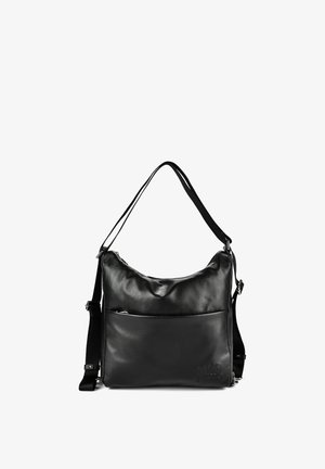 Sac à bandoulière en cuir noir avec des sangles ajustables et une poche avant zippée, présenté sur fond blanc.