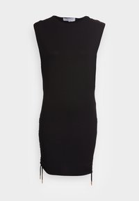 Vestido preto sem mangas com decote redondo, design justo, franzido lateral e cordões ajustáveis na bainha com detalhes metálicos.