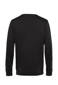 Černá mikina s kulatým výstřihem, dlouhými rukávy, žebrovanými manžetami a lemem. Hladká textura látky, na zadní straně nejsou viditelné vzory ani loga.