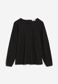 Blouse noire à manches longues avec encolure ronde et légère fronce aux poignets, présentée à plat sur fond blanc.