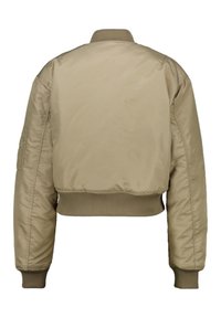 Khaki bomber bunda s hladkým, lesklým povrchem, žebrovanými manžetami a lemem a úložnou kapsou na levém rukávu.