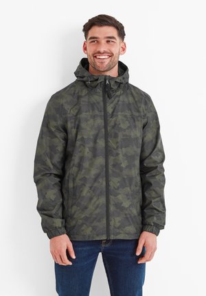 Dark green camouflage jacket made of lightweight material, featuring a hood, zipper closure, and elastic cuffs.