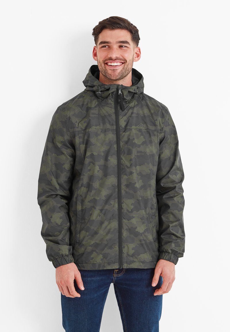 Dark green camouflage jacket made of lightweight material, featuring a hood, zipper closure, and elastic cuffs.