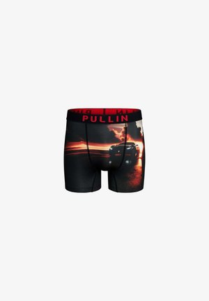 Boxers noirs avec un motif de coucher de soleil coloré, incluant la silhouette d'une voiture et le logo "PULLIN" en rouge sur la ceinture. Tissu lisse.