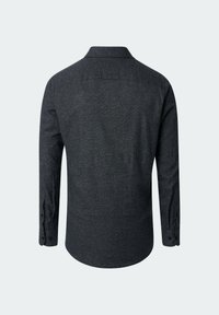 Dunkelgraues Langarmhemd mit Kragen, strukturierter Stoff, geknöpfte Manschetten und abgerundetem Saum. Mit einem Rückenpasse-Detail.