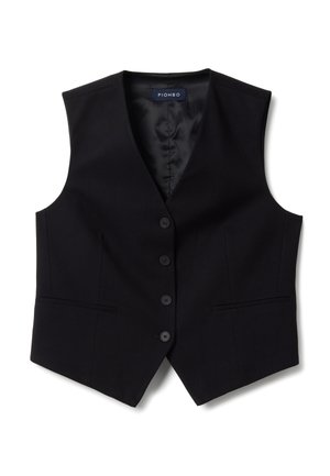 Gilet noir taillé avec col en V, quatre boutons à l'avant, deux poches passepoilées devant et doublure intérieure lisse, étiqueté Piombo.