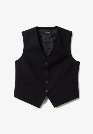 Gilet noir taillé avec col en V, quatre boutons à l'avant, deux poches passepoilées devant et doublure intérieure lisse, étiqueté Piombo.