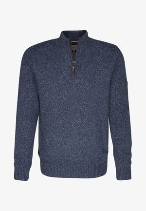 Tmavě modrý svetr s texturovaným pleteným vzorem. Má límec na zip a žebrované manžety a spodní lem pro přiléhavý vzhled.