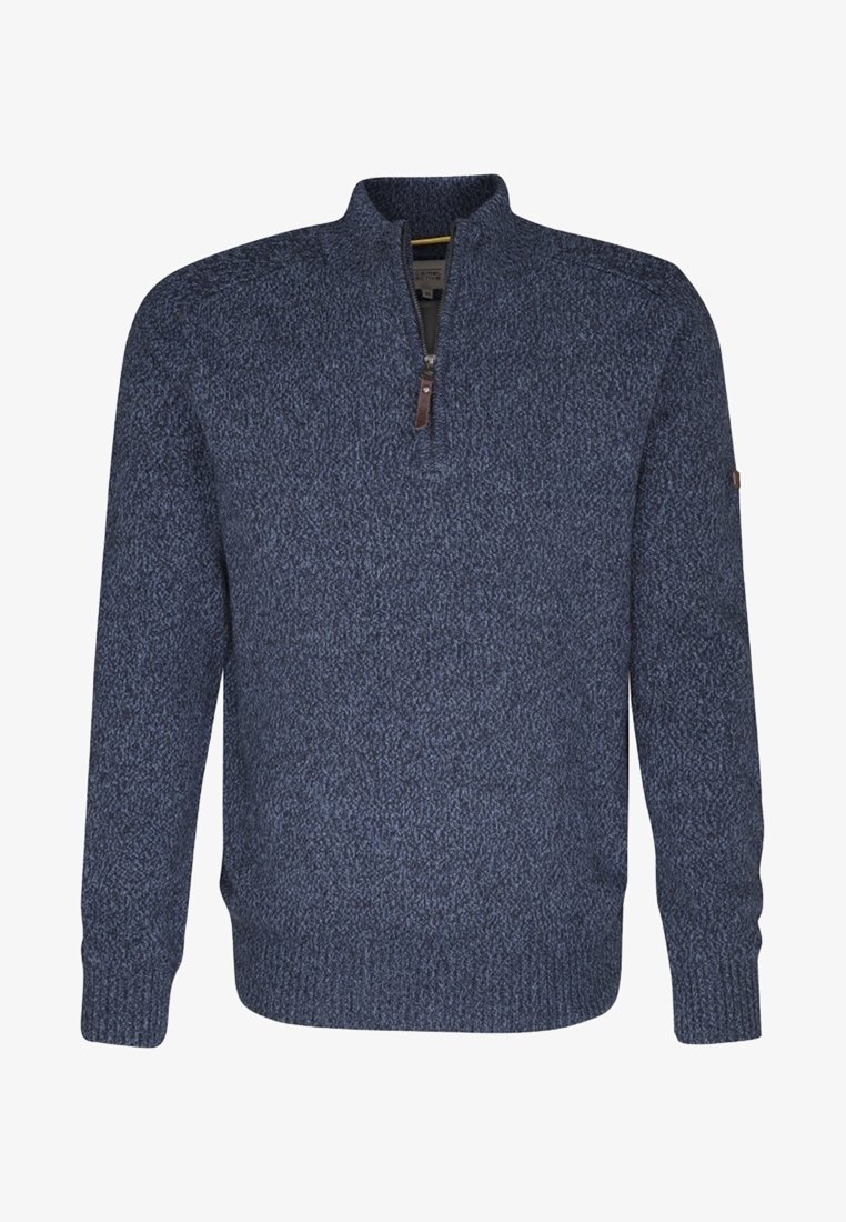 Laivastonsininen neulepaita, jossa on teksturoitu neulottu kuvio. Siinä on vetoketjullinen kaulus sekä resorit hihansuissa ja helmassa, jotka antavat istuvan ilmeen.