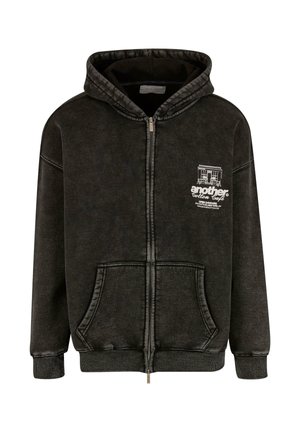 Zip-up hoodie in dark gray, featuring a front pocket, ribbed cuffs, and a graphic print on the left chest. Soft cotton blend material.
