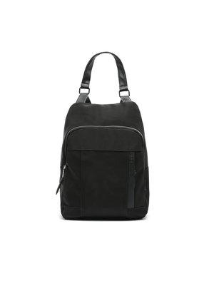 Black backpack with a smooth texture, rectangular shape, a front zip pocket, and wide straps. Features minimalist design and subtle accents.