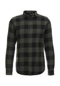 Chemise à manches longues à carreaux dans des tons de vert foncé et noir. Fabriquée en tissu doux avec un devant à boutons, un col classique et un ourlet arrondi.