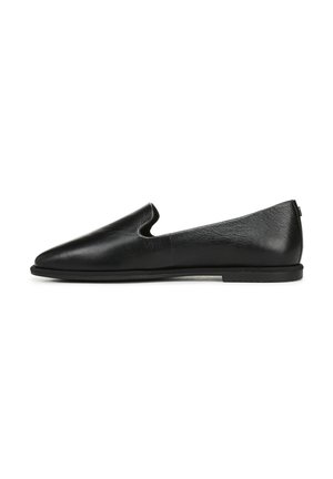 Black leather slip-on shoe with a pointed toe, subtle texture, and a low profile. Features a cutout on the vamp for added detail.