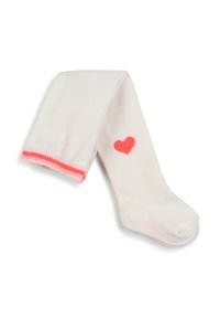 Calza bianca al ginocchio realizzata in tessuto morbido, con una grafica a cuore rosa e un polsino a strisce rosa neon. Texture liscia e forma aderente.