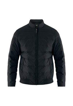 Men’s black quilted bomber jacket with stand collar, front zipper, and ribbed cuffs and hem, shown against a white background.