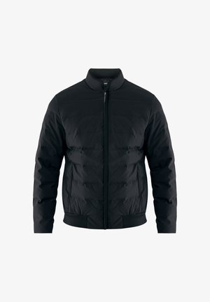 Men’s black quilted bomber jacket with stand collar, front zipper, and ribbed cuffs and hem, shown against a white background.