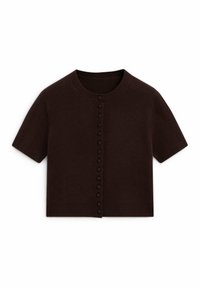 Brązowy sweter z dzianiny z krótkim rękawem, okrągłym dekoltem i rzędem pasujących guzików z przodu. Miękka tekstura i dopasowany krój.