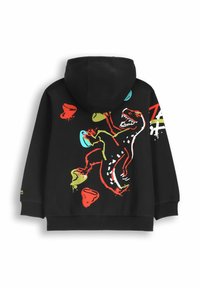 Czarna bluza z kapturem z kolorową grafiką dinozaura w kolorach czerwonym, zielonym i niebieskim, z akcentami w splatery. Miękka tkanina, długie rękawy i kaptur.