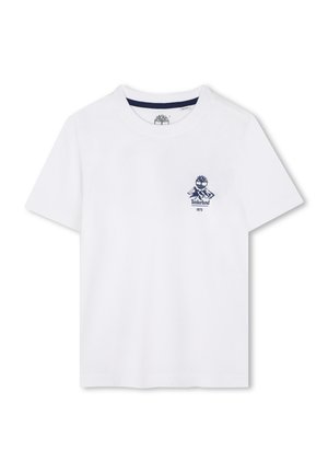 T-shirt en coton blanc à manches courtes, col rond, avec un motif de logo Timberland bleu marine sur la partie gauche de la poitrine.