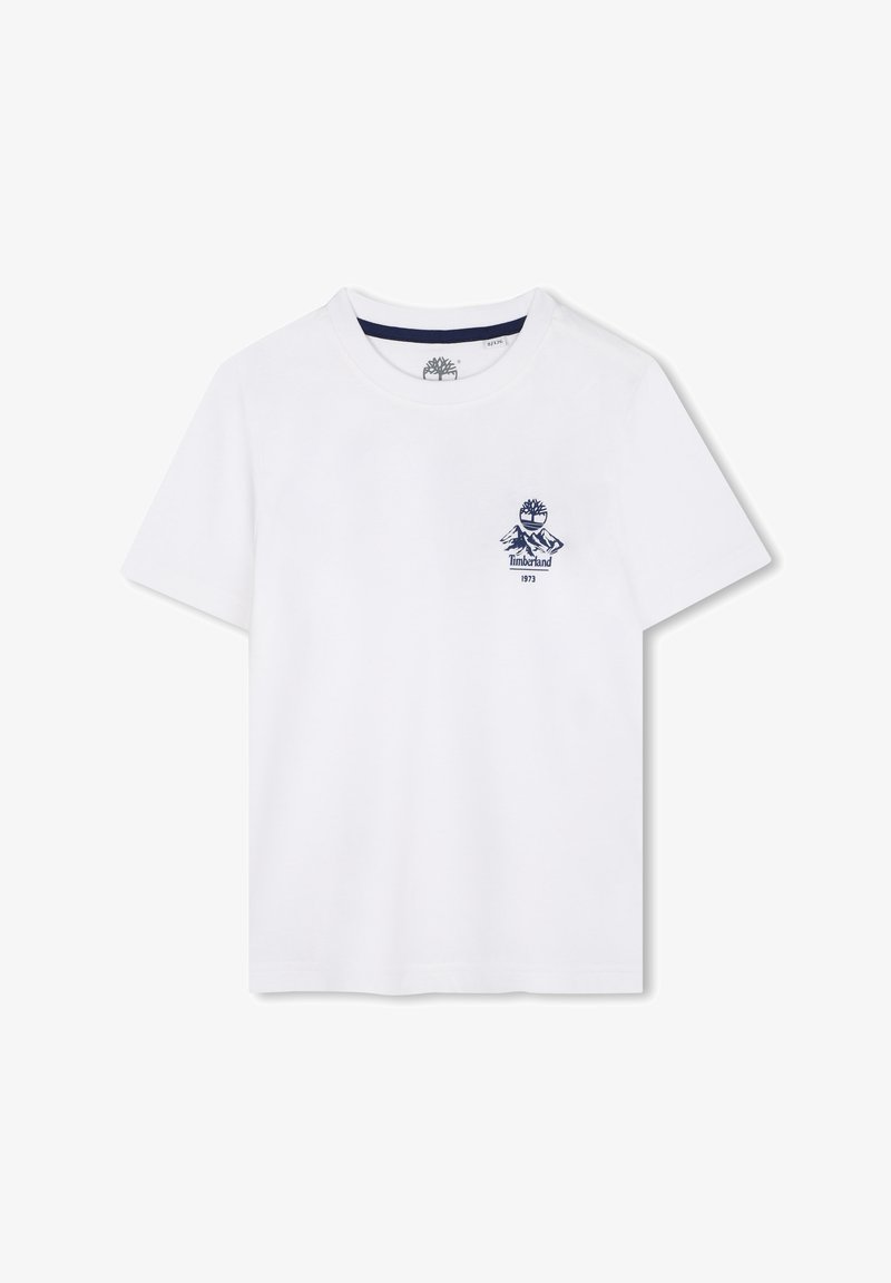 Witte katoenen T-shirt met korte mouwen, ronde halslijn en een marineblauw Timberland-logo op de linkerborst.