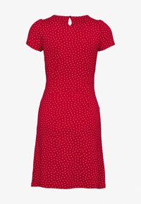 Rotes knielanges Kleid mit kurzen Ärmeln und weißen Punkten, ausgestattet mit einem kleinen Schlitz und einem Knopfverschluss am hinteren Halsausschnitt.