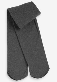 Graue Strumpfhosen aus einem glatten, dehnbaren Material. Sie verfügen über ein nahtloses Design mit einem gefalteten Bund am oberen Ende und runden Zehen.