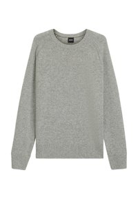 Maglione grigio chiaro con scollatura rotonda, polsini e orlo a coste, e una consistenza liscia. Realizzato in morbido tessuto a maglia, con maniche raglan.