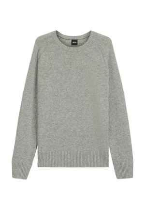 Lys grå sweater med rund halsudskæring, ribbede manchetter og kant, samt en glat tekstur. Lavet af blødt strikket stof med raglan ærmer.