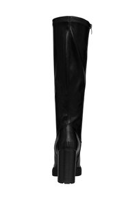Botín negro hasta la rodilla hecho de cuero suave con un tacón grueso, cremallera lateral y costuras elegantes. Diseño clásico adecuado para varios conjuntos.