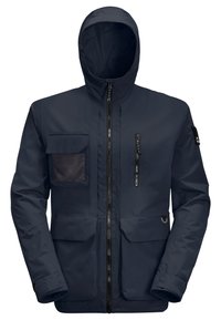 Veste à capuche bleu marine avec fermeture éclair à l'avant, plusieurs poches dont une poche en mesh sur la poitrine gauche et un écusson sur la manche gauche.