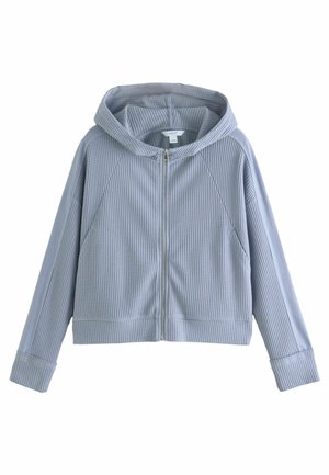 Light blue ribbed zip-up hoodie with a hood, featuring raglan sleeves and knit cuffs. Textured fabric and front zipper detail.