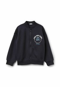 Marineblaues Zip-Jackett aus Baumwollmix, mit gerippten Bündchen und Saum, sowie einem Frontdruck, der den Text "WIN THE GAME" und die Nummer "01" enthält.