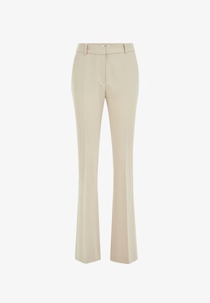 Beige, op maat gesneden wijde broek gemaakt van gladde stof, met een taille op gemiddeld hoogte, riemlussen en een smalle pasvorm bij de heupen.