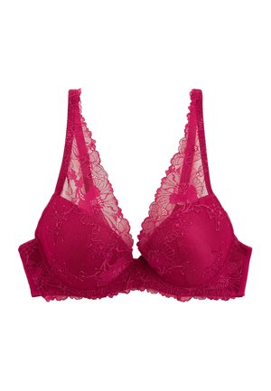 Soutien-gorge en dentelle fuchsia vif avec des motifs floraux. Présente des bonnets triangulaires, une bordure en dentelle délicate et une bande solide texturée. Bretelles réglables.