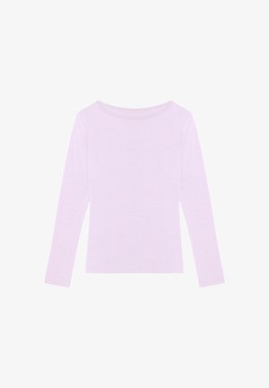 Haut à manches longues violet clair en tissu doux, avec un col rond et une coupe ajustée, sans motifs ni éléments métalliques visibles.