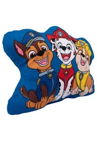 Cuscino blu con cani da cartone animato in uniformi colorate. I personaggi includono un cane marrone, un cane maculato bianco e nero e un cane fulvo.