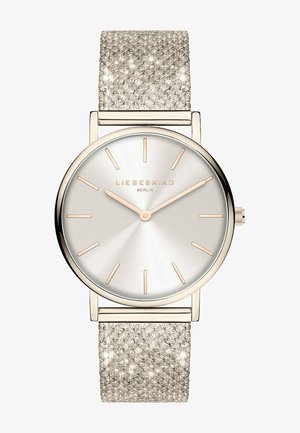 Runde silberne Uhr mit einem hellen Farbverlauf-Zifferblatt, goldenen Zeigern und einem strukturierten silbernen Mesh-Armband. Markennamen "LIEBESKIND" angezeigt.