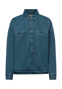 Chaqueta de mezclilla en un color azul medio, con cuello, botones frontales y mangas largas. Tejido texturizado con un aspecto ligeramente desgastado.