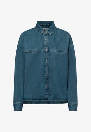 Denim jacket in a medium blue color, featuring a collar, front buttons, and long sleeves. Textured fabric with a slightly faded look.